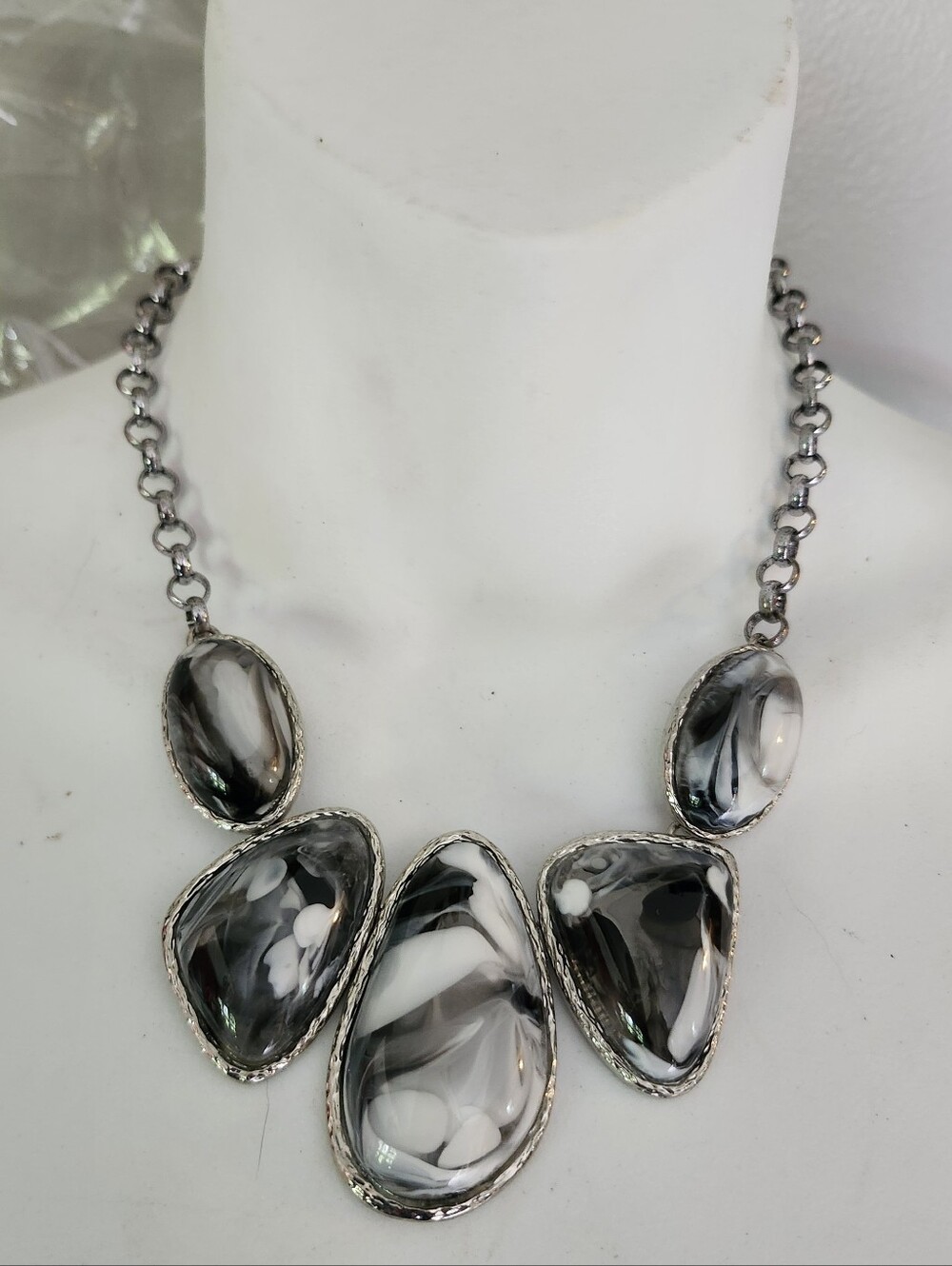 Silver-Tone Black & White Marbled Stone Statement Necklace